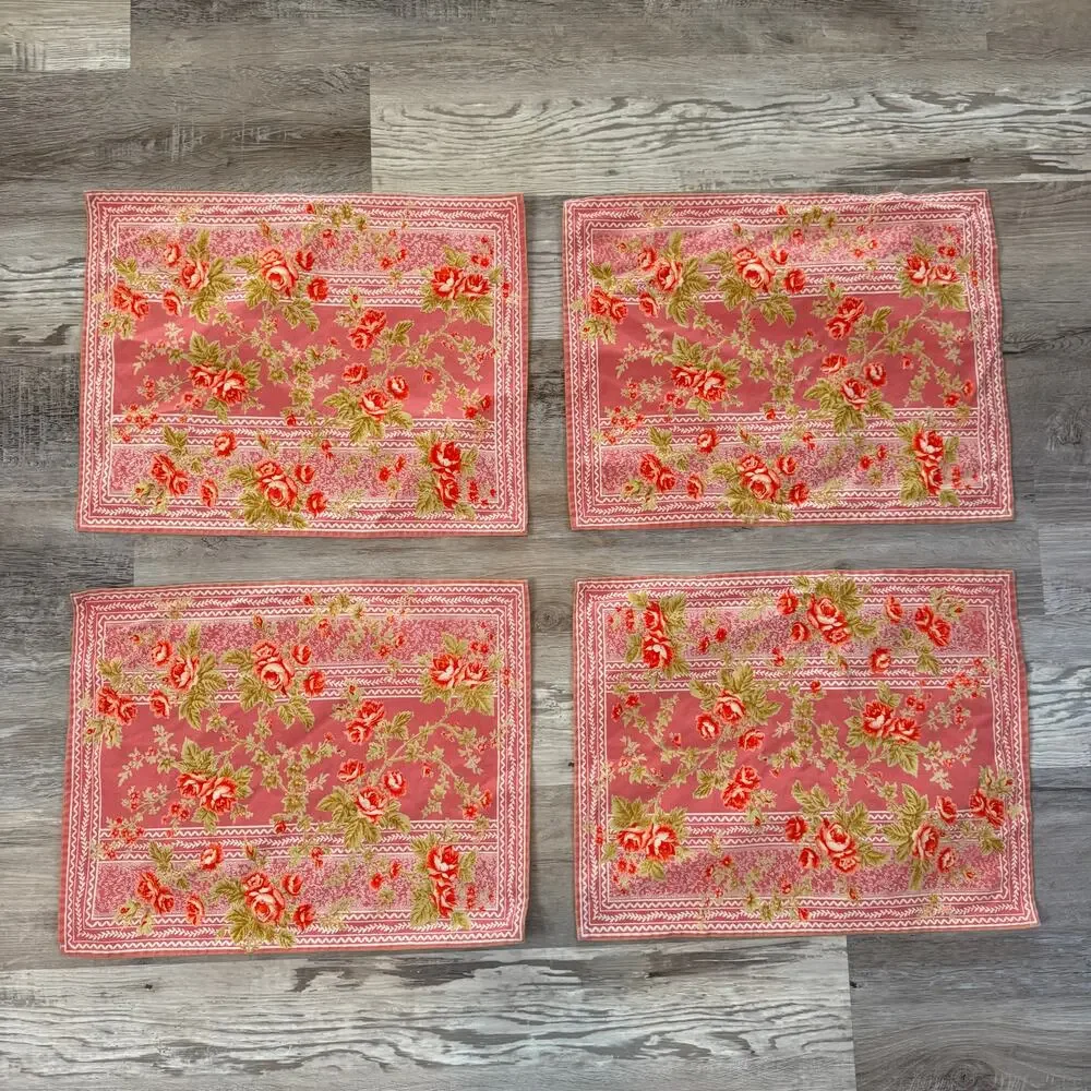 Vintage Pink Floral Rose Cottage Rose Placemats Set of 4 Cotton French Country